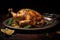 Roasted chicken with rosemary and garlic on a plate. Black background. A heartwarming image of a plump chicken lying on a plate,