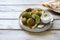 Roasted chickpeas falafel patties on grunge clay plate close up