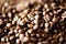 Roasted coffee beans backgound, copy space, top view. Cappuccino, dark espresso, aroma black caffeine drink, ingredient