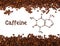 Roasted coffee beans with chemical formula of caffeine on a wooden background