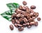 Roasted coffee beans and leaves on white background.