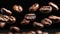 Roasted coffee beans in motion, levitating on black background for a captivating visual display