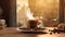 Roasted coffee beans over a wood table and a cup of hot smoking coffee. Cuisine photography. Food pictures. Menu photos.