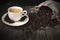 Roasted coffee beans on wooden table