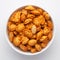 Roasted Crunchy Peanuts in a ceramic white bowl, made with peanuts. Pile of Indian spicy snacks Namkeen,