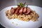 Roasted duck breast on mushroom risotto on white plate