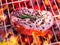 Roasted filet mignon beef steak on bbq grate over hot pieces of coals