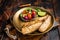 Roasted Gilthead Sea Bream fillets served with fresh vegetable salad. Wooden background. Top view