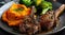 Roasted lamb chops with a side of mashed sweet potato and steamed vegetables. The steamed vegetables are a mix of broccoli and