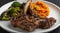 Roasted lamb chops with a side of mashed sweet potato and steamed vegetables. The steamed vegetables are a mix of broccoli and