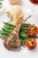 Roasted Lamb Cutlet with Green Beans Closeup