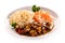 Roasted meat, white rice and vegetables