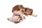 Roasted mutton lamb leg sliced in a wooden tray with meat cleaver. Isolated, white background.