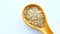 roasted oats flakes on a spoon on white background