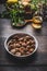 Roasted peeled chestnuts in bowl for tasty seasonal cooking