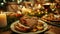 Roasted pork loin on a festive table with candles and wine