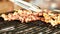 Roasted pork meat on man gal juicy kebab barbecue on the grill.