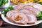 Roasted pork roll with mustard. New year`s appetizer
