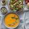 Roasted pumpkin and carrot soup and fresh salad