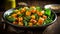 Roasted pumpkin salad with spinach and walnut. healthy green salad with roasted. AI Generative