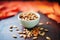 roasted pumpkin seeds in small ceramic bowl