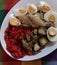 Roasted red peppers, sweet onions, aubergines and boiled eggs