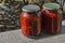 Roasted red, ripe peppers, paprika or Capsicum seedless, preserved in a jar