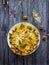 Roasted romanesco and cauliflower pasta. Top view.