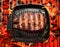 Roasted salmon steak in frying pan on bbq grate over hot pieces of coals. Top view