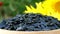 Roasted Sunflower Seeds Close-up Rotate in wooden bowl on plants background.