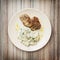 Roasted tenderloin of pork with mayonnaise potato salad, food th