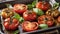 Roasted tomatoes varied in the baking tray sliced with basil and rosemary macro