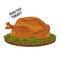 Roasted turkey. Cooked whole festive turkey on a round wooden cutting board. Simple flat style vector illustration on