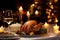 Roasted turkey garnished with vegetables. Tableware, wine glasses, candles. Fine dining