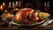 A roasted turkey on a platter with holiday foods. Thanksgiving feast. Digital image.