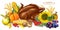 Roasted turkey, pumpkin and sunflower Vector. Fresh vegetables and meat realistic 3d illustrations. Thanksgiving or