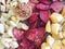 Roasted vegetables. Beetroots, pattypan squash, potatoes, onion and garlic. Top view.