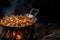 Roasting chanterelles in iron frying pan on open fire. Fried wild mushrooms, traditional Scandinavian meal. Generative AI
