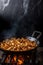 Roasting chanterelles in iron frying pan on open fire. Steaming fried wild mushrooms. Generative AI
