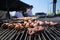 Roasting juicy meat steak with spices in burning charcoals fire on bbq grid