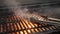 Roasting juicy meat steak with spices and herbs in burning charcoals fire on bbq grid, flames and smoke. Barbecue grill