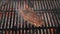 Roasting juicy meat steak with spices and herbs in burning charcoals fire on bbq grid, flames and smoke. Barbecue grill