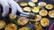 Roasting round slices of zucchini, vegetarian cuisine. The cook flips the fried slices to the other side.