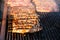 Roasting souvlaki meat sticks on hot outdoor charcoal fire grill. Pork, chicken Greek street food grilled meat.