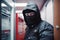 robber in balaclava, thief swindler in black face mask generative ai