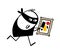 Robber in black mask runs away, stole a painting from museum. Vector illustration of stickman and masterpiece of world