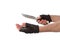 Robber with knife holding out hand