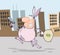 Robber running through a city in a bunny costume