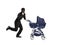 Robber running and pushing a baby stroller