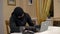 A robber is trying to hack into a laptop. A masked thug is sitting in a house and trying to break into a laptop. Theft